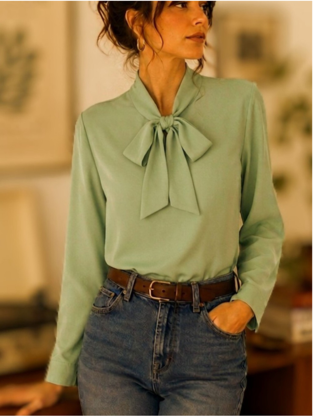 Vintage Butte Knit Seafoam Green Bow Blouse | 60s 70s Mod Secretary Top